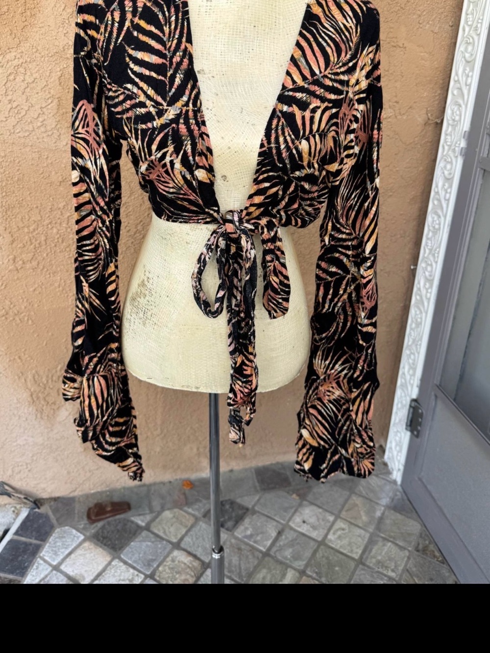 Tie-Front Women's Crop Top in Black with coral  & Gold Leaf Print